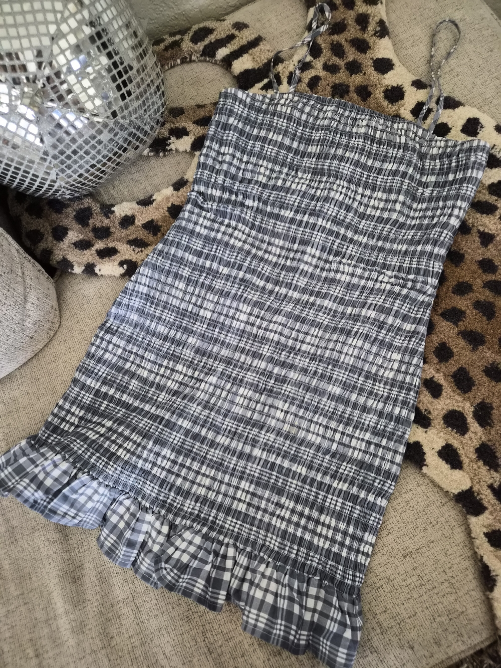 Smocked Plaid Midi Skirt with Ruffle Hem - Blue/White